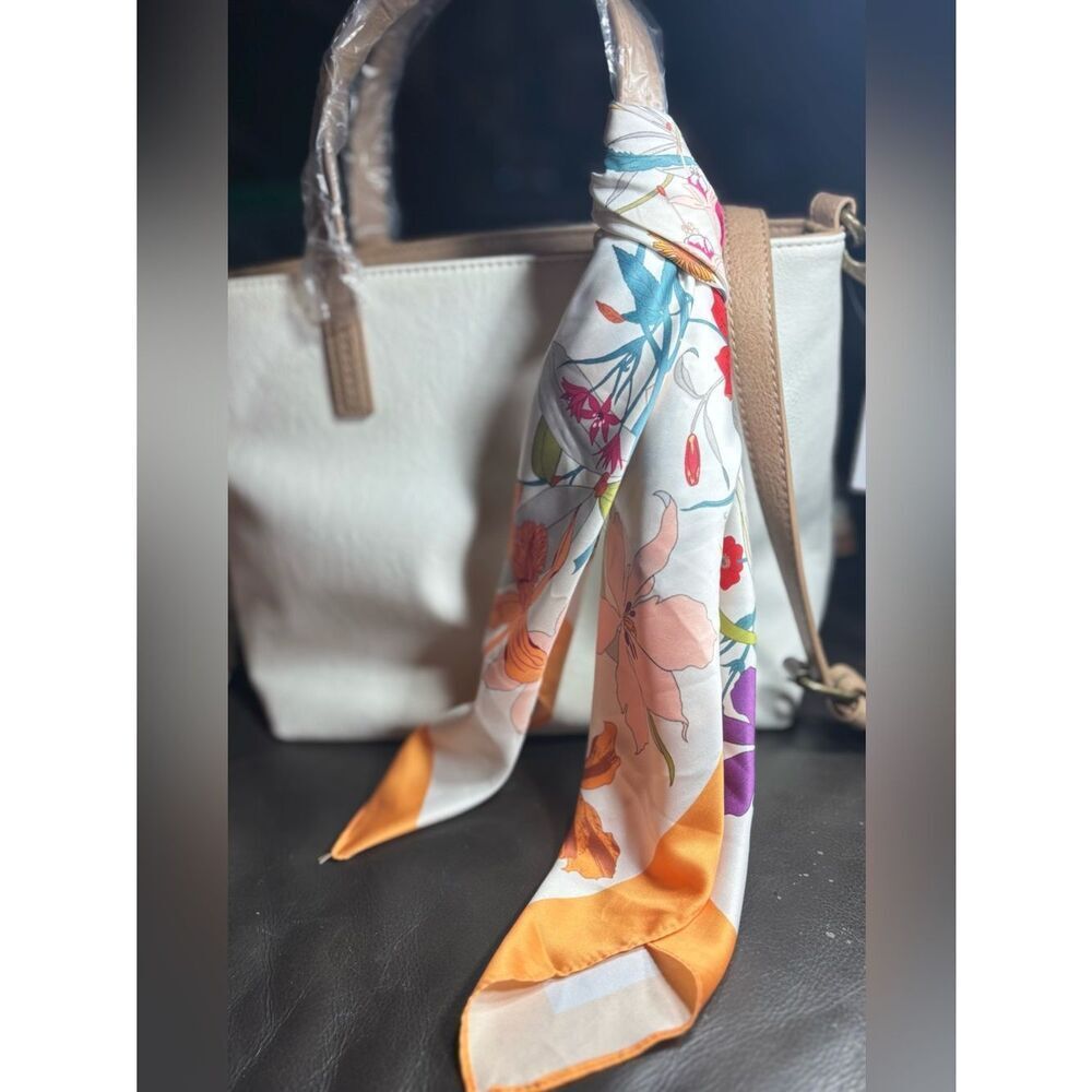 New Floral Square Scarf Floral Print Silk Square Scarf Peach Border Twilly